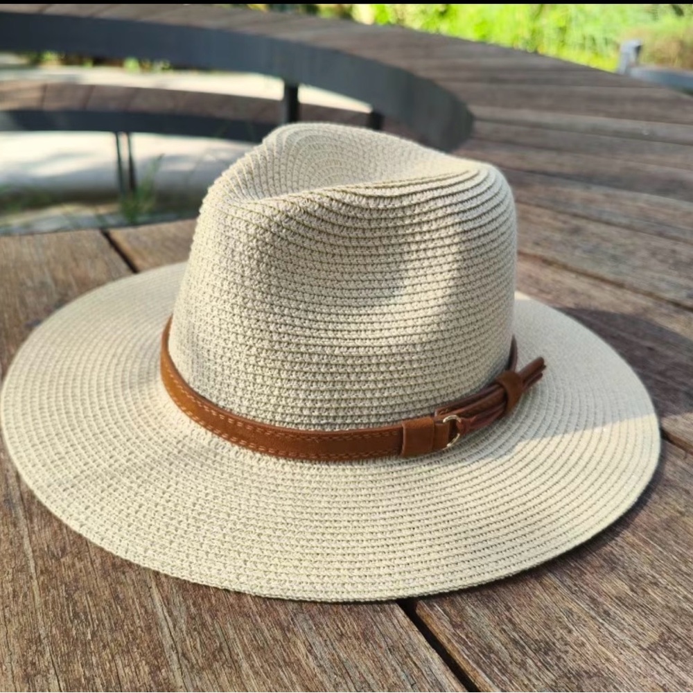 Wide Brim Straw Fedora Hat with Brown Leather Band - Beige